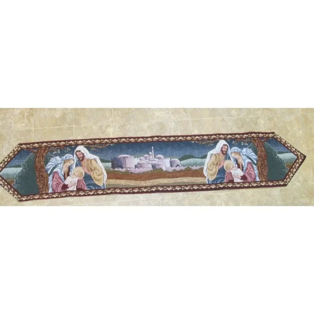 Nativity Scene Tapestry Christmas Table Runner Baby Jesus Holy Family 72 in